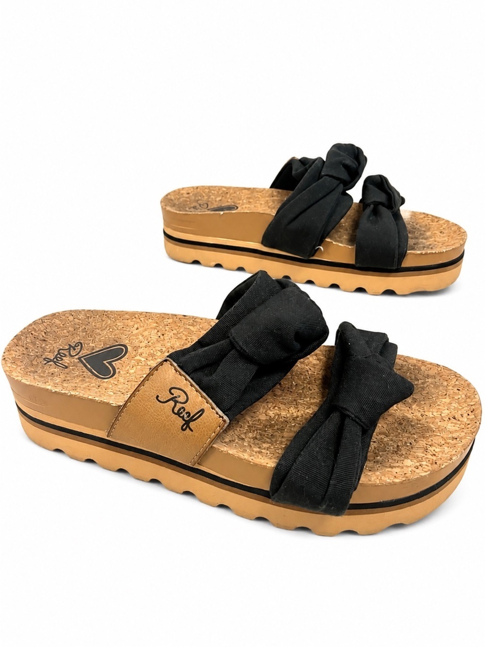 Reef Women's Knotty Vista Hi sandals black fabric knotted thick cork platform 7M